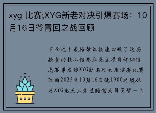 xyg 比赛;XYG新老对决引爆赛场：10月16日爷青回之战回顾