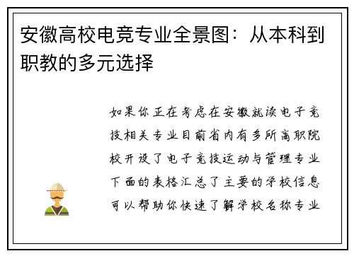 安徽高校电竞专业全景图：从本科到职教的多元选择
